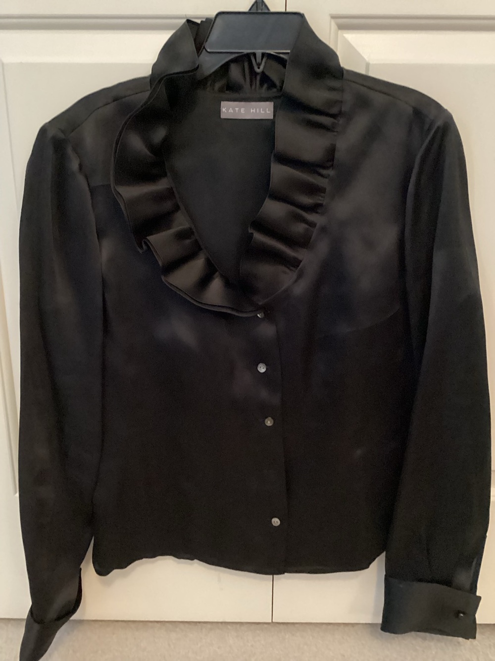 Kate Hill Black Satin Ruffle-Trim Button-Front Blouse